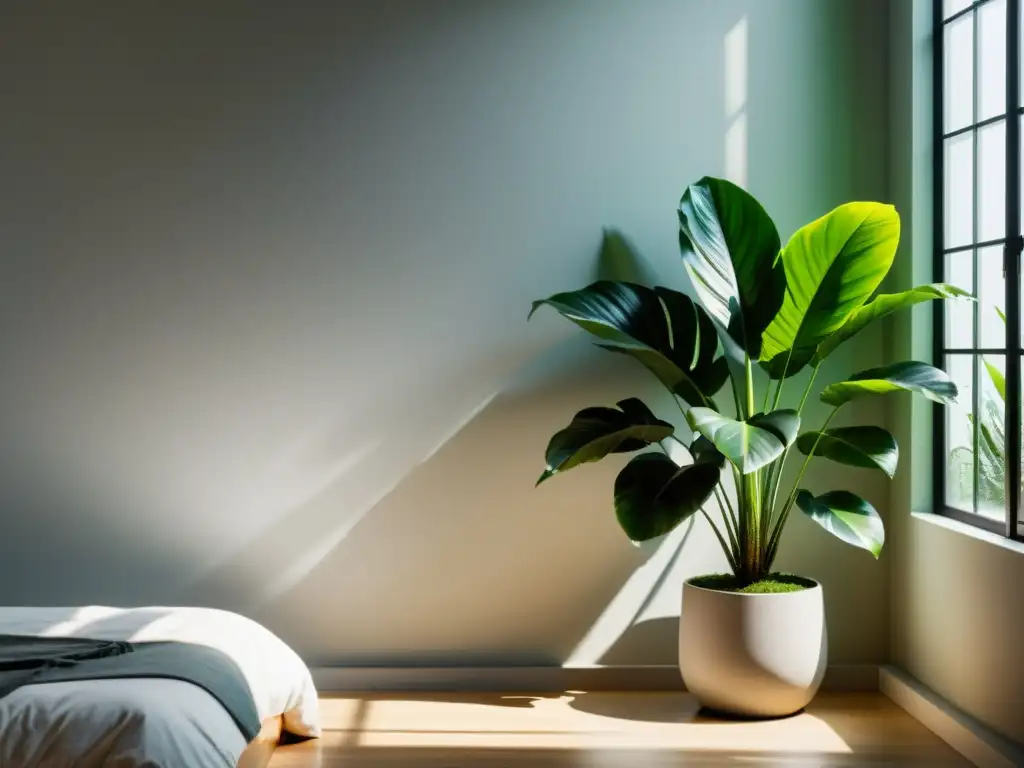 Un dormitorio minimalista con una exuberante planta tropical en maceta