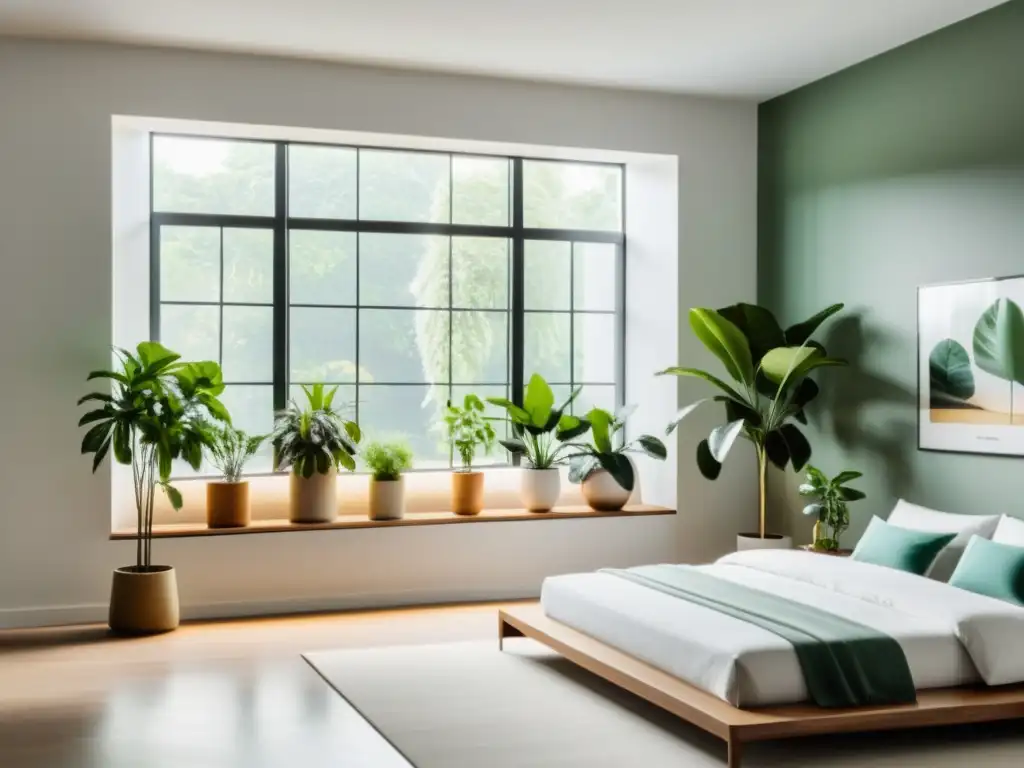 Un dormitorio minimalista con plantas de interior recomendadas, beneficiando el paisajismo para la calidad del sueño