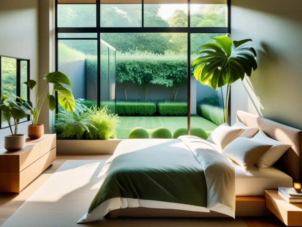 Un dormitorio minimalista con plantas de interior, inundado de luz natural y tranquilidad serena