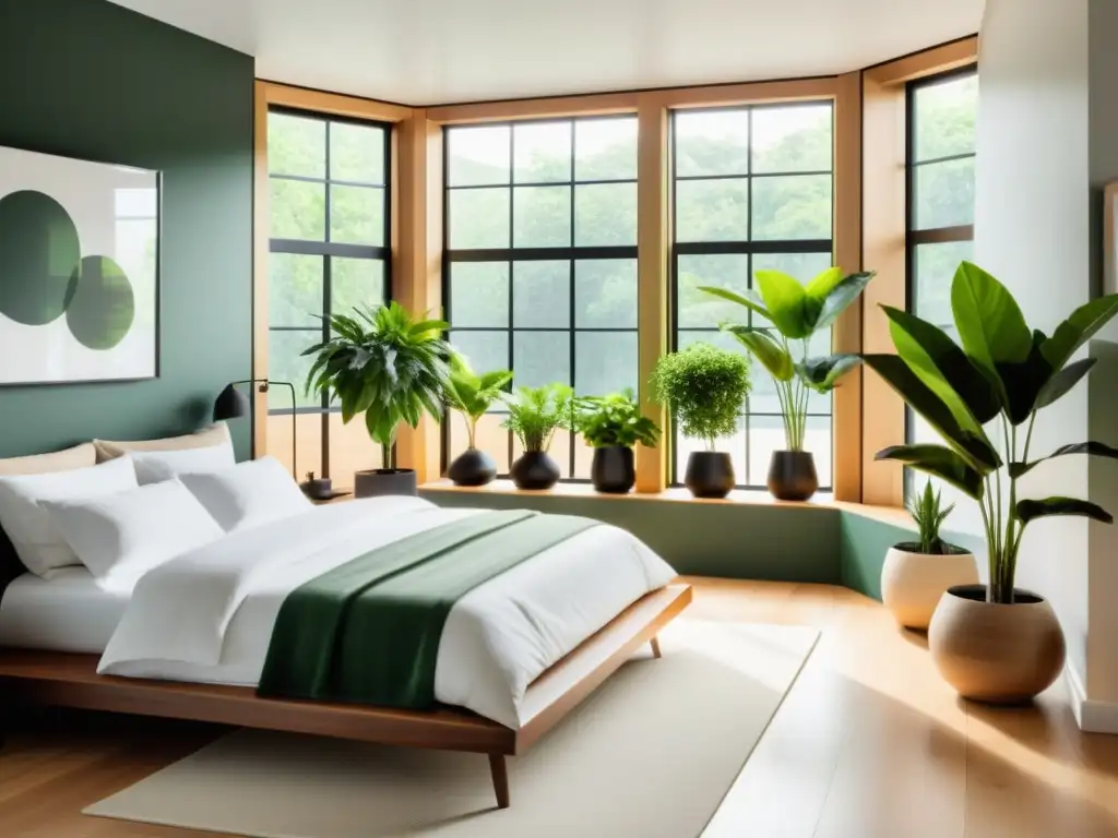 Un dormitorio moderno con plantas de interior para dormitorios, bañado por luz natural, crea un ambiente sereno y acogedor