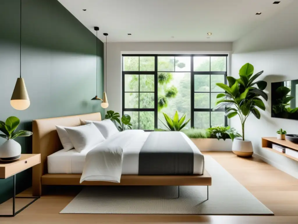 Un dormitorio moderno con plantas interiores, creando un ambiente tranquilo y relajante para dormir