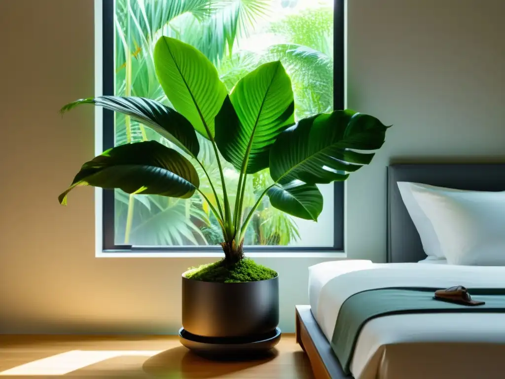 Un dormitorio sereno con una exuberante planta tropical en maceta moderna, creando un ambiente tranquilo y acogedor