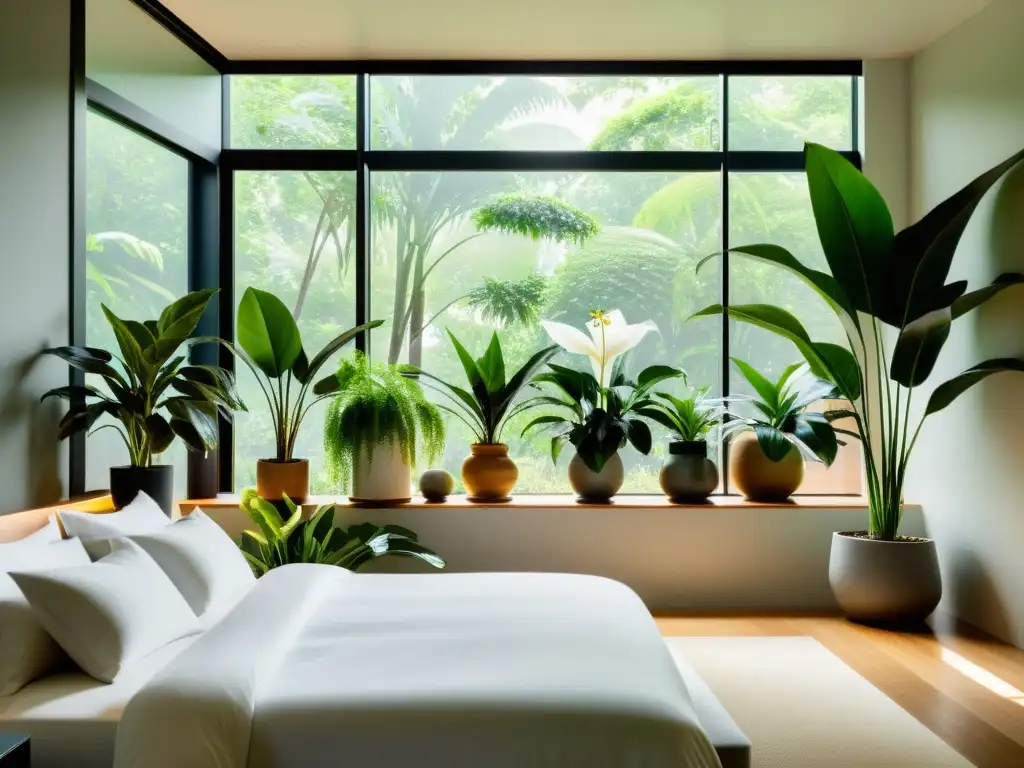 Un dormitorio sereno con plantas interiores vibrantes y beneficiosas, iluminado por luz natural