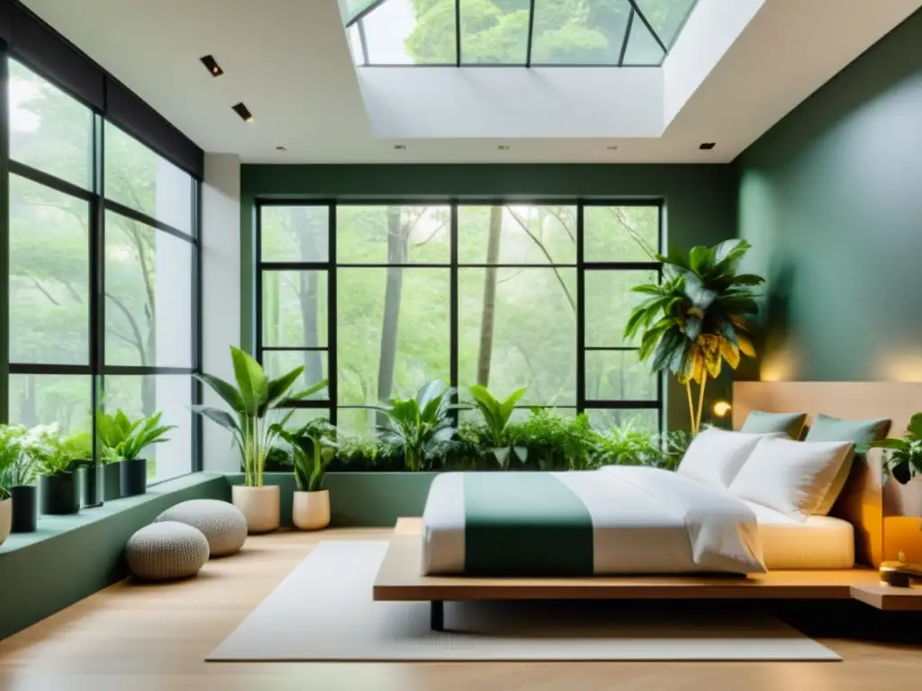 Un dormitorio sereno con plantas de interior, decoración minimalista y luz natural, ideal para relajarse