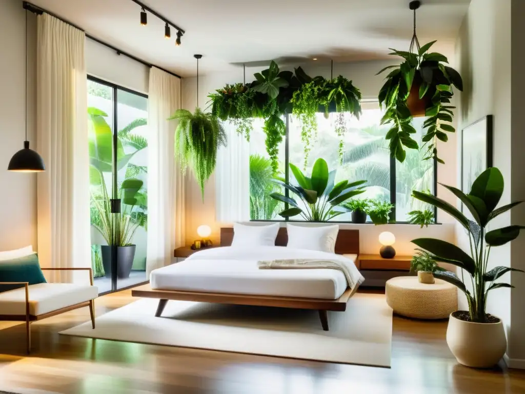 Un dormitorio tropical exuberante con plantas verdes colgando y en muebles modernos