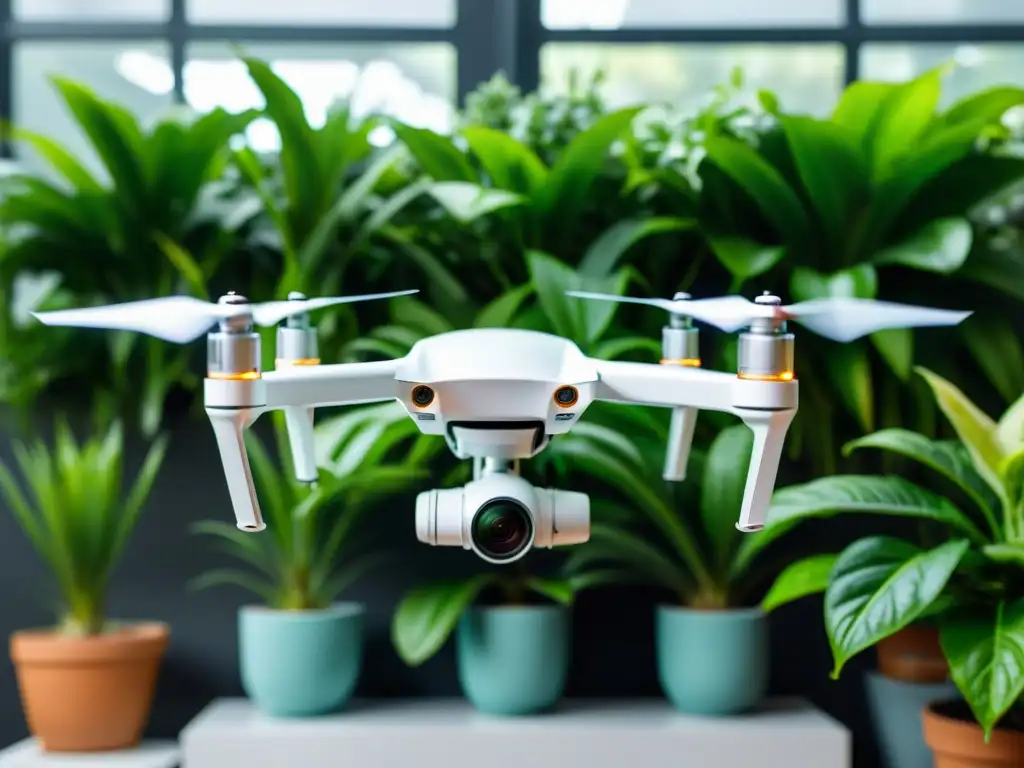 Un dron blanco y elegante monitorea con precisión plantas verdes en interior, mostrando innovación en el cuidado de plantas