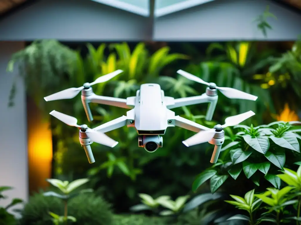 Un drone moderno monitorea y cuida plantas en un jardín interior exuberante