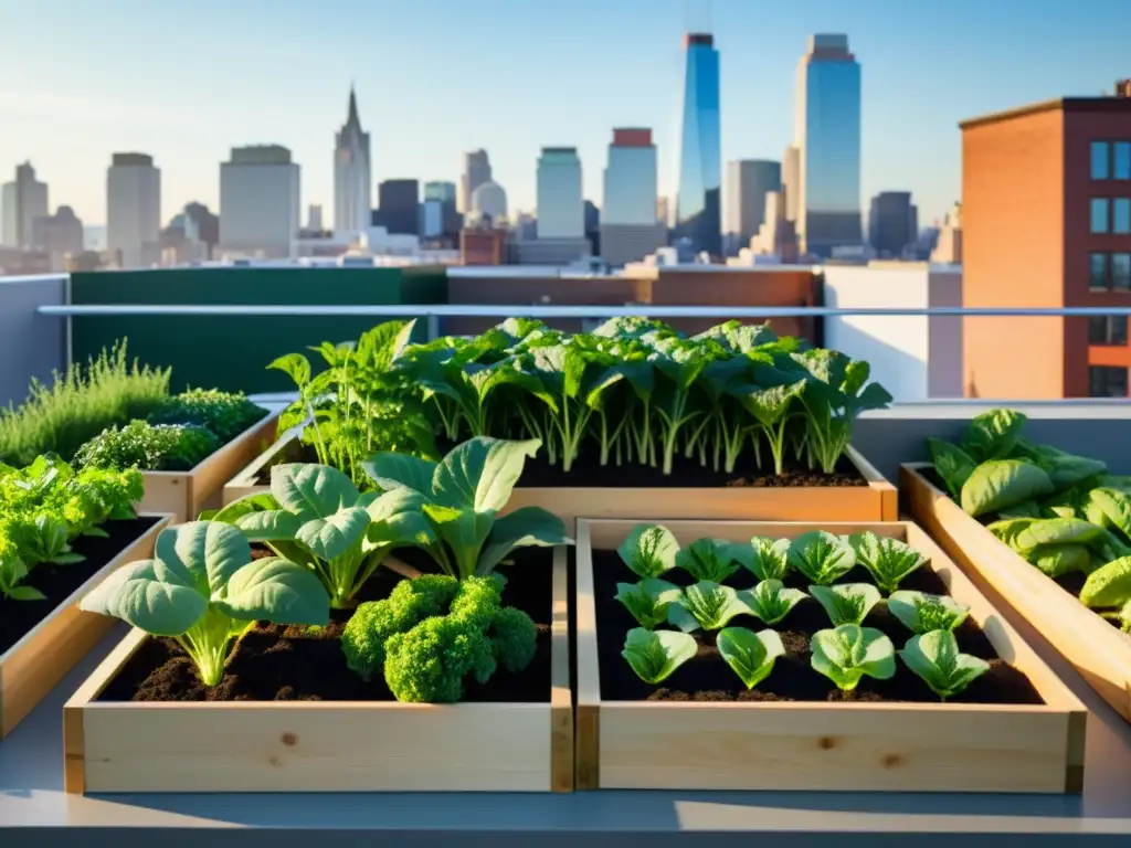 Economía circular: Agricultura urbana floreciente en un jardín en la azotea de la ciudad, con plantas verdes vibrantes y luz solar cálida