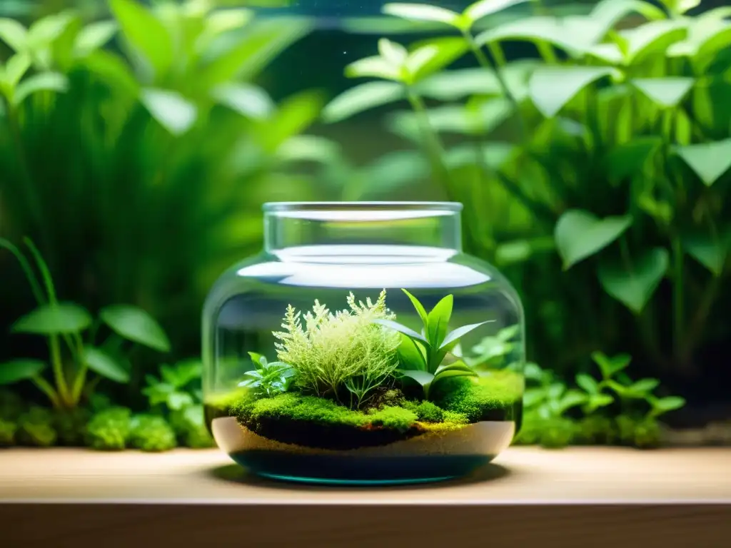 Un ecosistema acuático en un frasco de vidrio, con plantas acuáticas vibrantes y raíces visibles