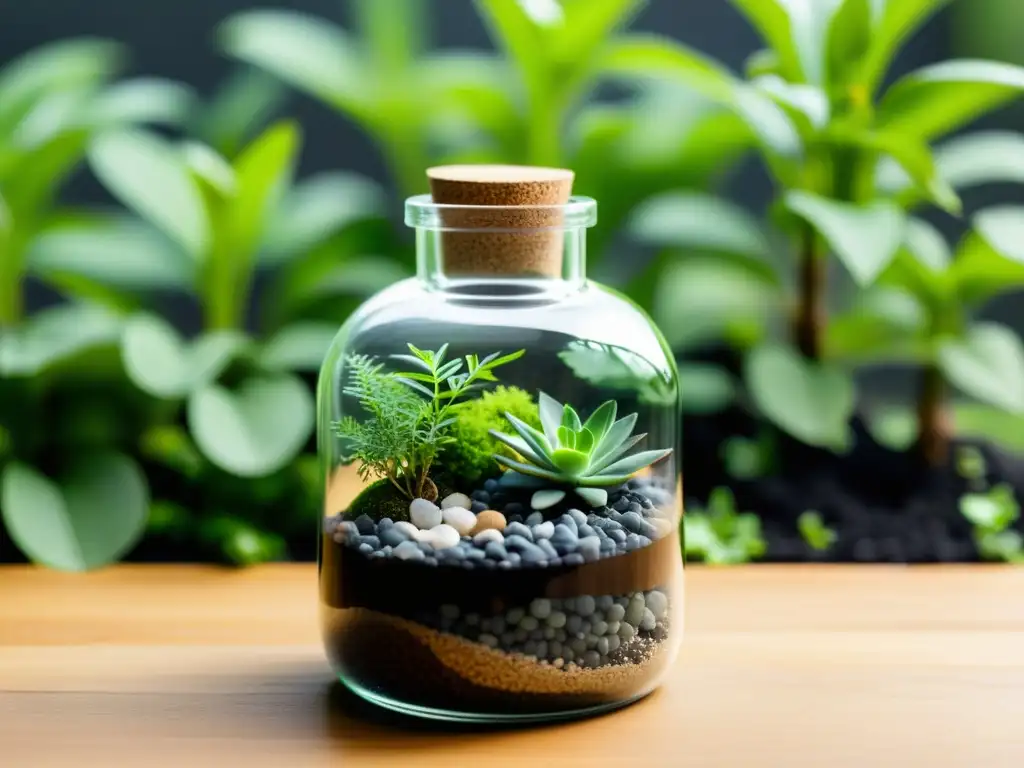 Un ecosistema en botella cuidado de plantas: un mundo sereno en miniatura con plantas, tierra y piedras en capas, bañado por luz natural