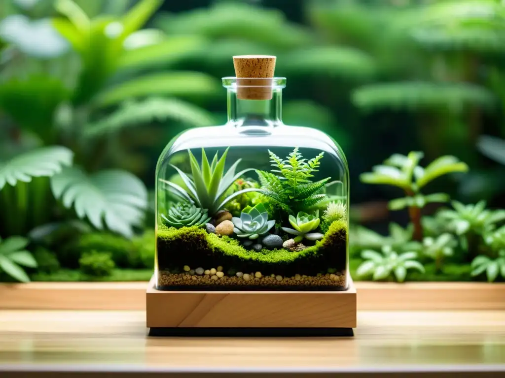 Un ecosistema en miniatura de plantas de interior en una botella de cristal, mostrando un equilibrio delicado y vibrante