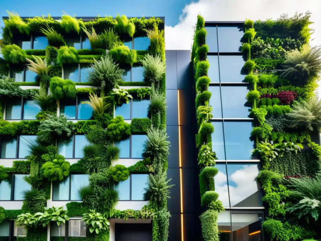 Edificio comercial moderno con jardín vertical exuberante, creando escena armónica y sofisticada