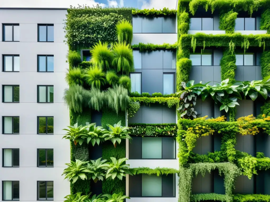 Un edificio moderno con un jardín vertical exuberante que muestra las diferencias entre muros verdes y jardines verticales