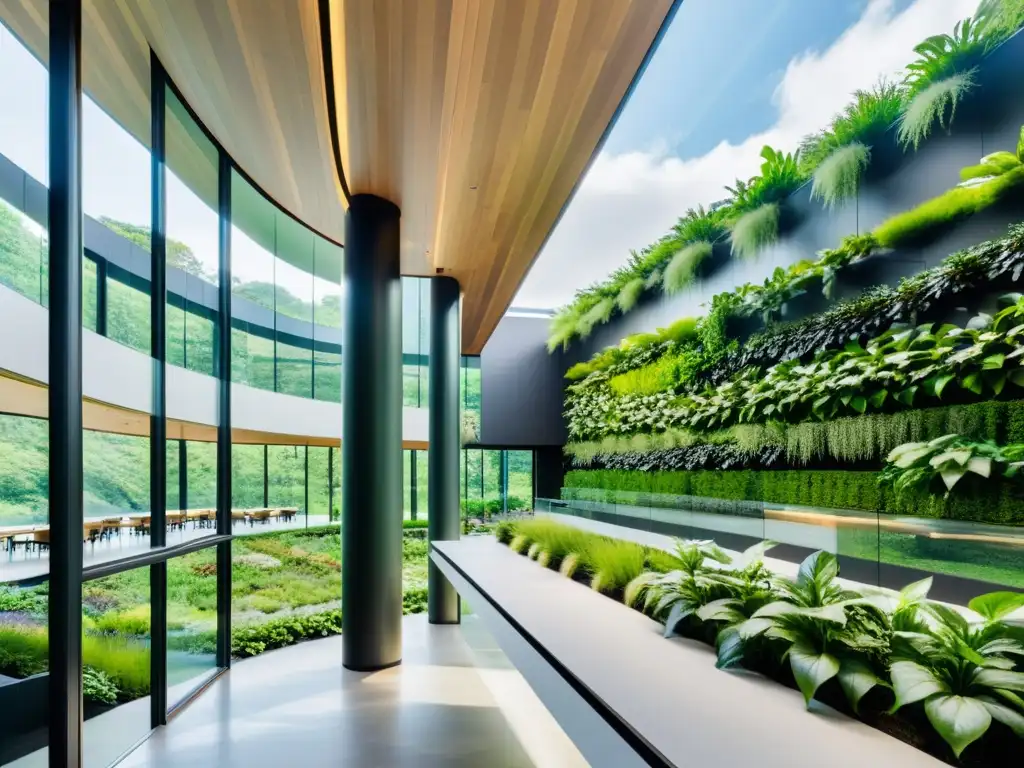 Edificio de oficinas moderno con jardín vertical y tejado verde, integrando la biofilia en arquitectura sostenible