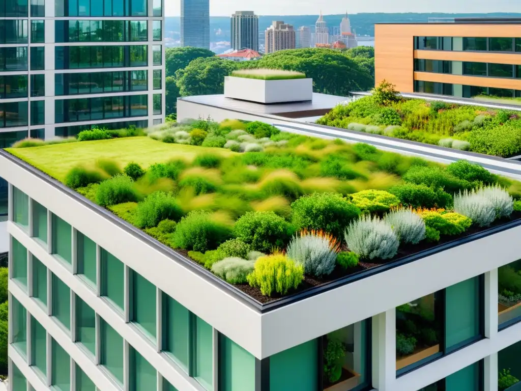 Edificio urbano moderno con techo verde, exhibiendo beneficios de eficiencia energética y armonía con la naturaleza en la ciudad