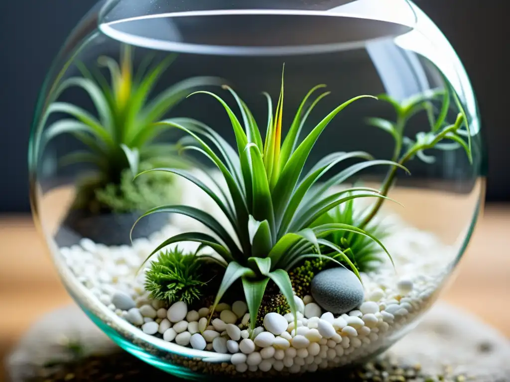 Fotografiando la elegancia de jardines colgantes de plantas aéreas en terrario de cristal con Tillandsia verde y piedras blancas