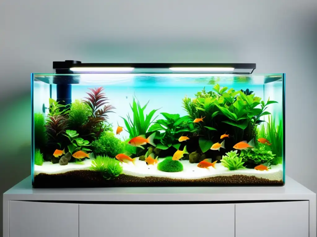 Un elegante acuario con peces y plantas acuáticas vibrantes, iluminado suavemente