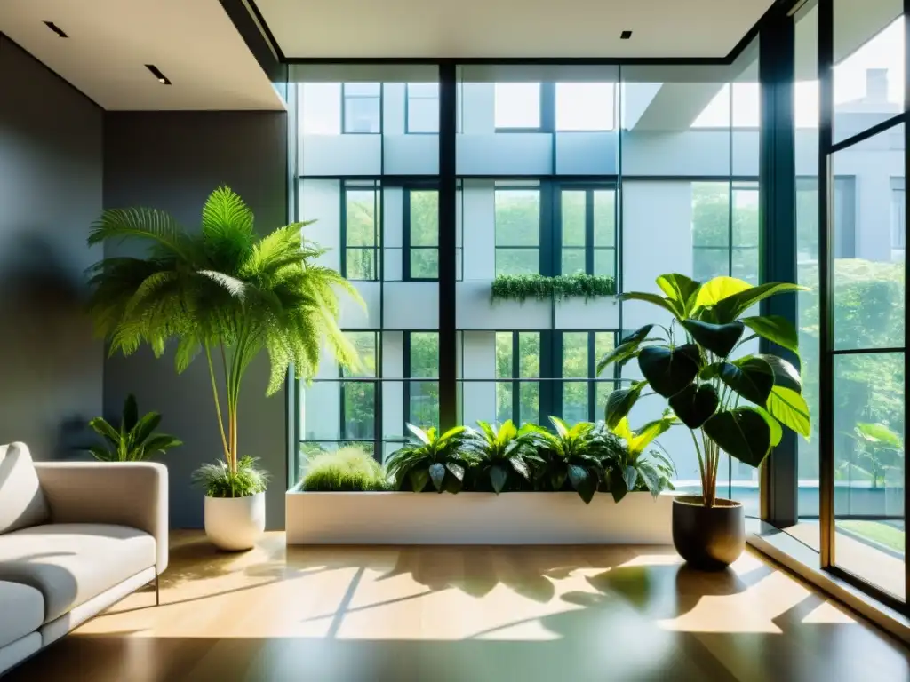 Un elegante apartamento con las mejores plantas de interior para apartamentos, decorando un espacio minimalista con luz natural y sombras intrincadas