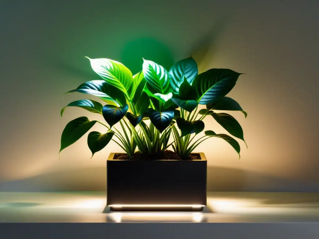 Un elegante arreglo de plantas de interior en maceta negra iluminado por cálidas luces para plantas de interior, con hojas detalladas y patrones intrincados