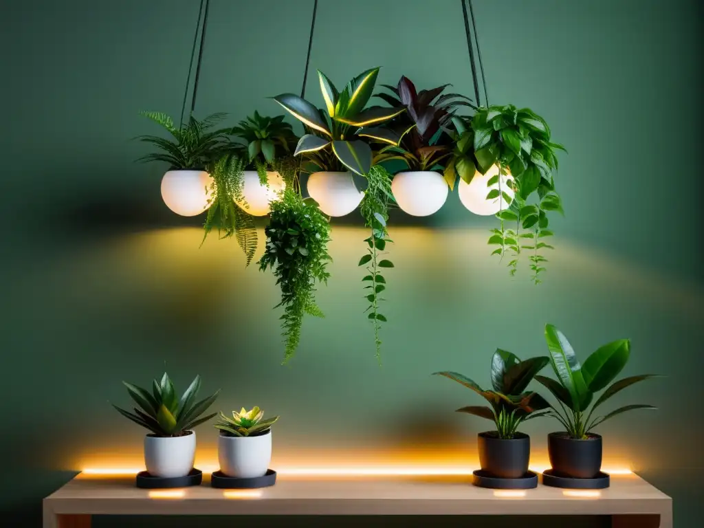 Un elegante arreglo de plantas de interior con luces LED, creando un ambiente acogedor y moderno