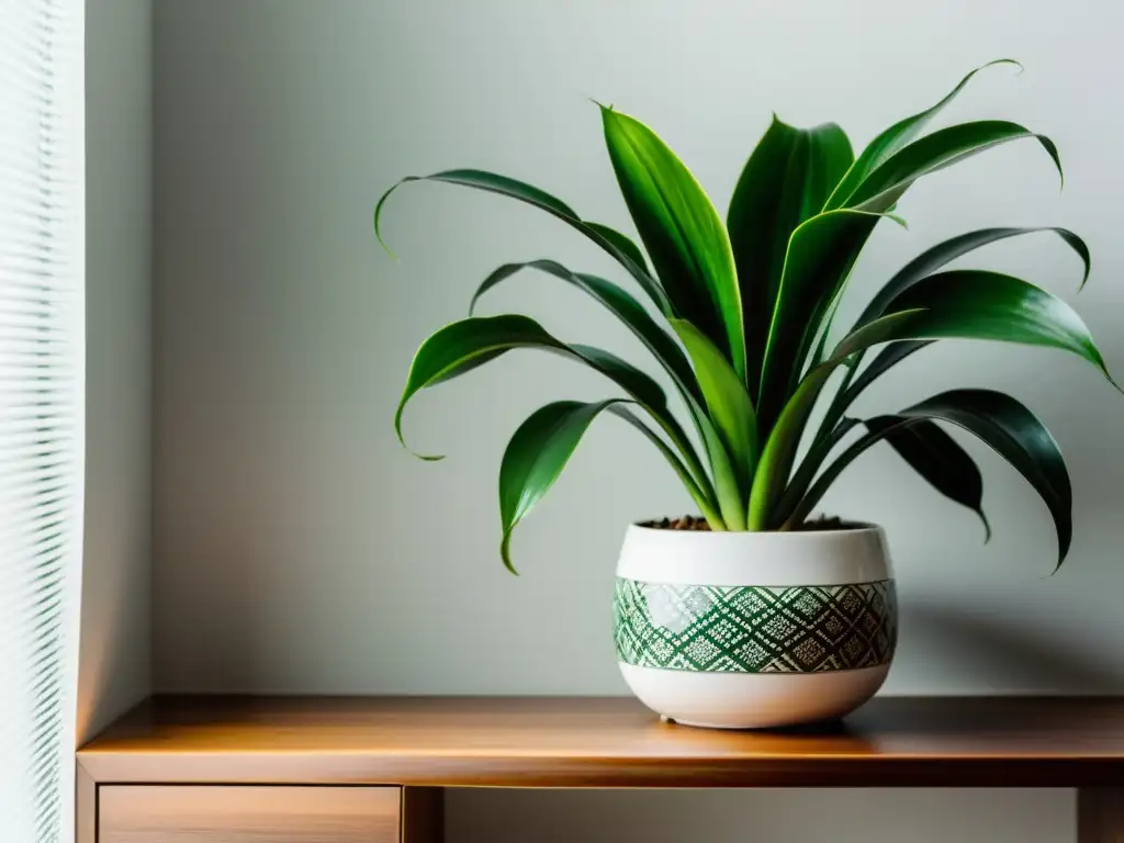 Un elegante jarrón blanco sostiene una vibrante planta de interior