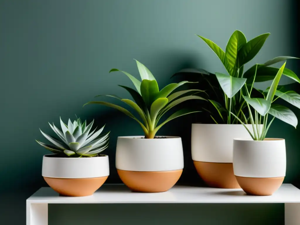 Una elegante combinación de plantas de interior en macetas en un entorno moderno y armonioso, iluminado por luz natural