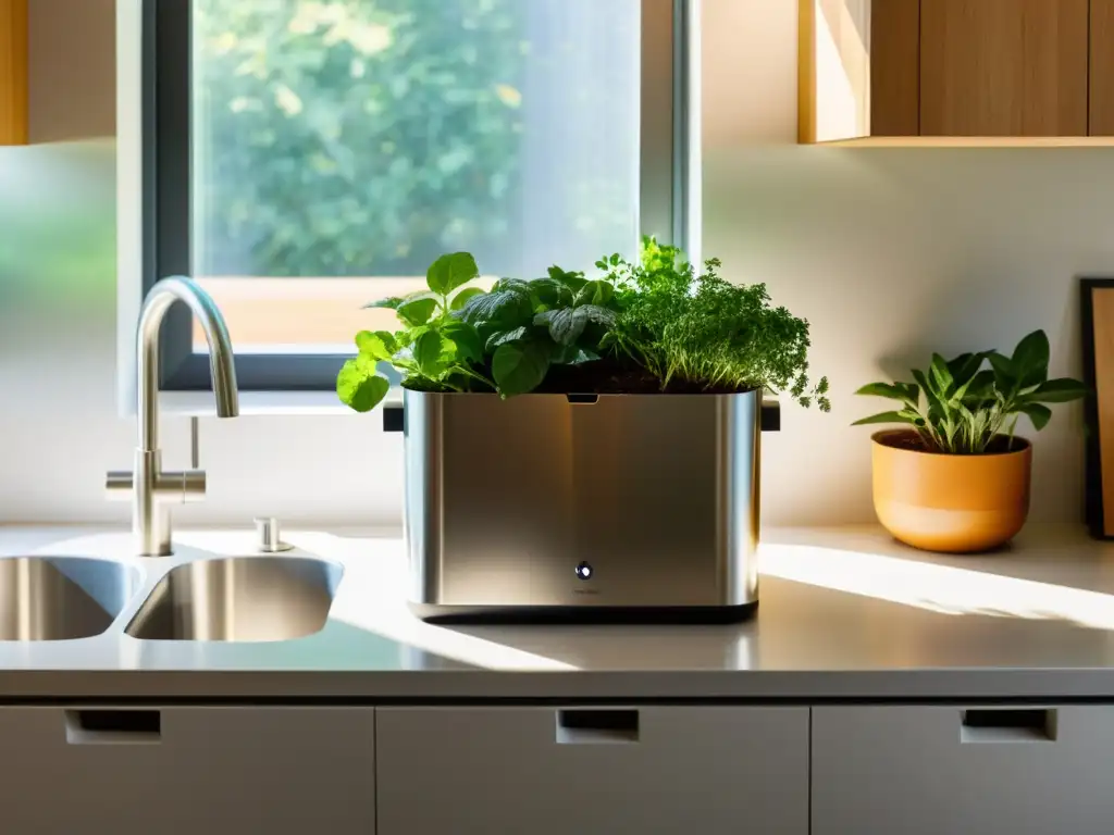 Un elegante compostaje en apartamentos, con un contenedor de acero inoxidable en una cocina minimalista