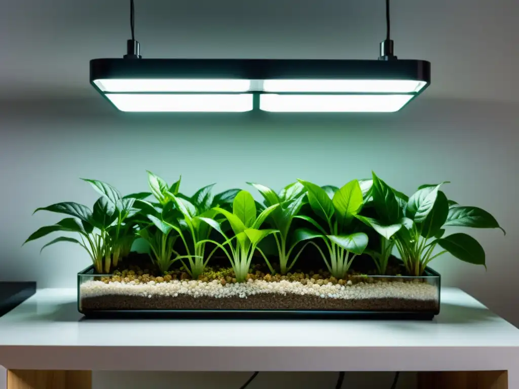 Una elegante configuración de hidroponía interior con sustratos alternativos y plantas vibrantes en un diseño moderno y minimalista