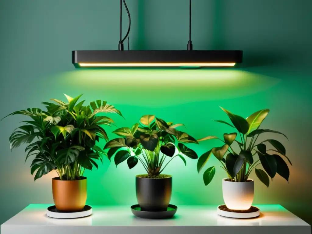 Una elegante configuración de plantas de interior con iluminación LED, creando un ambiente cálido y vibrante