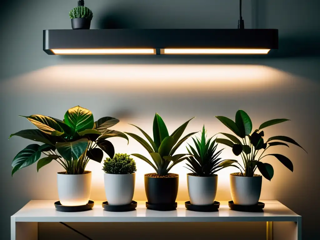 Una elegante configuración de plantas de interior iluminada por diferentes tipos de luces artificiales