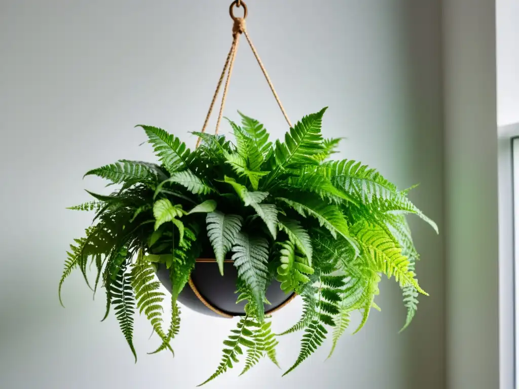 Un elegante cultivo de helechos aéreos en interior, con un diseño moderno y fresco que resalta la belleza orgánica de las plantas