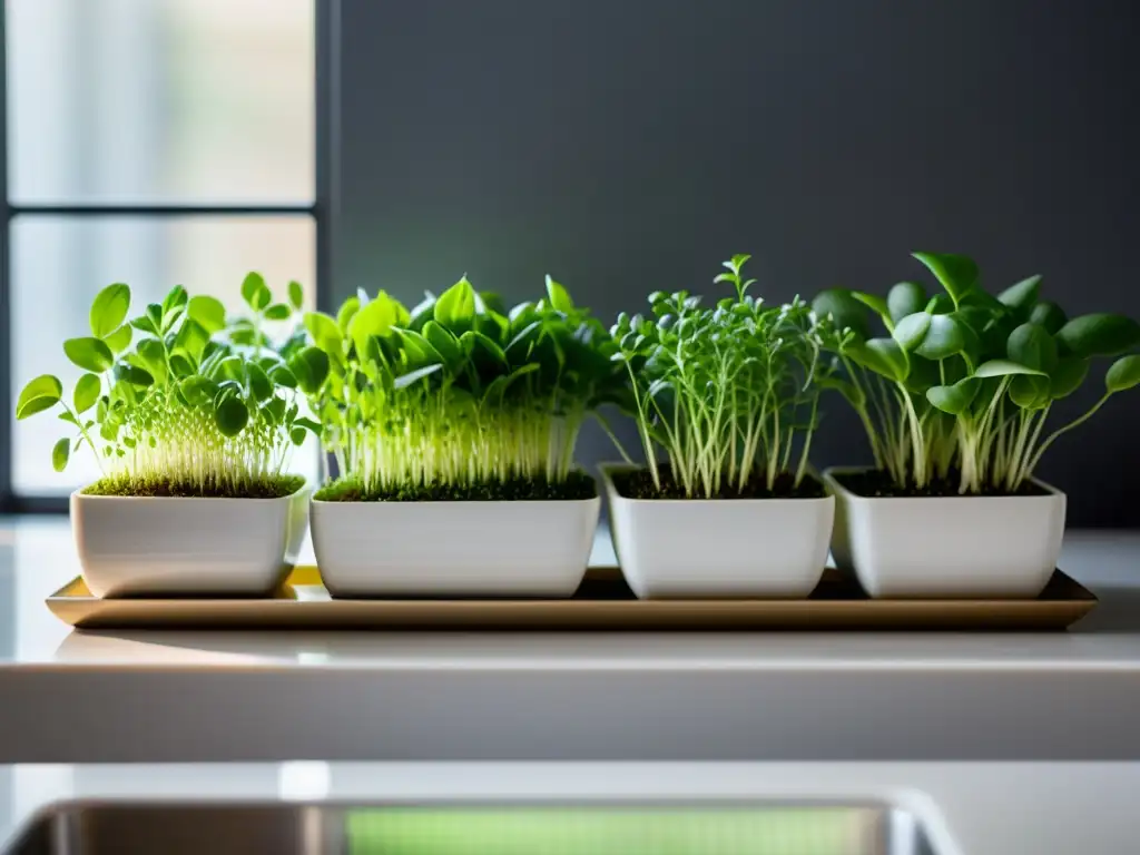 Un elegante cultivo de microgreens en apartamentos, con microgreens vibrantes en un moderno y luminoso entorno de cocina