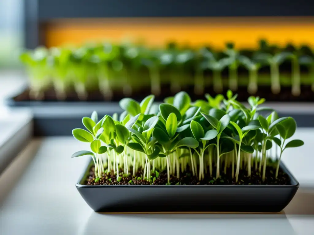 Un elegante cultivo de microgreens en apartamentos, aportando frescura y sofisticación a la cocina moderna