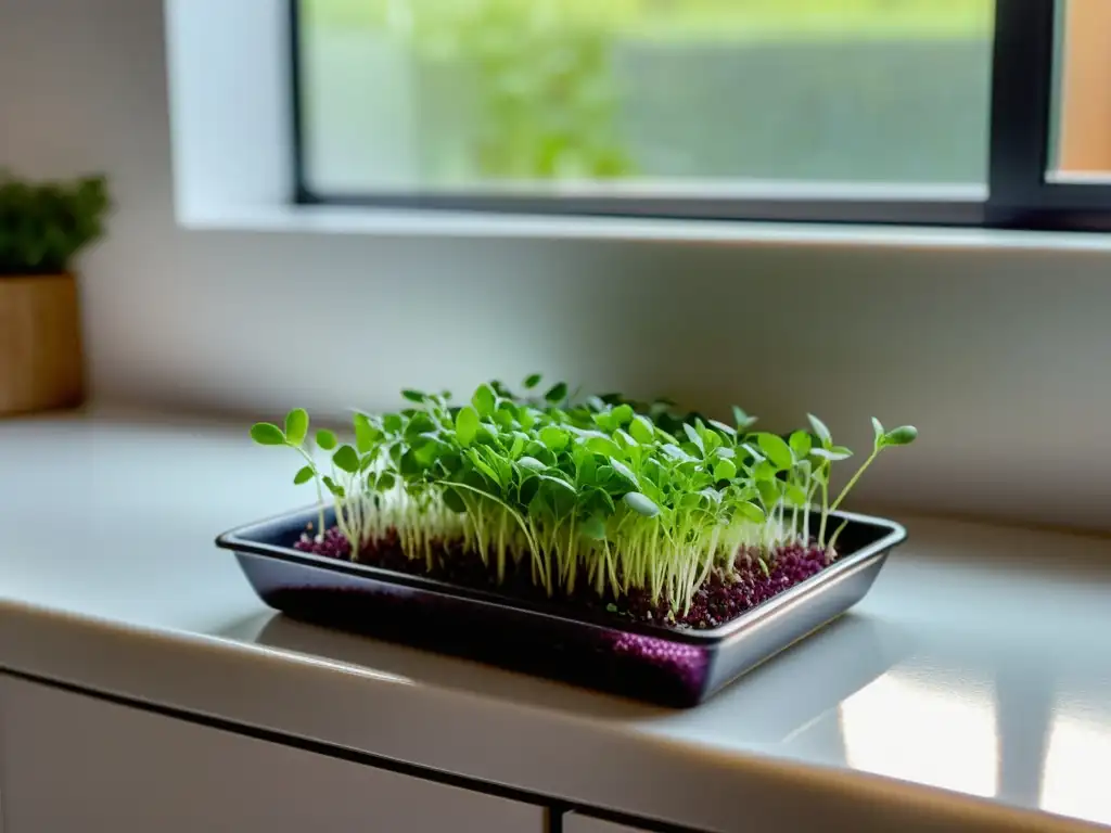 Un elegante cultivo de microgreens en un moderno apartamento