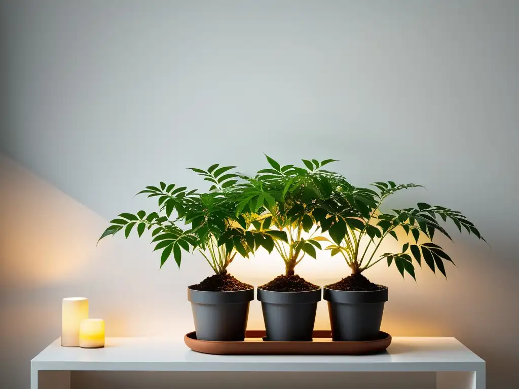 Un elegante cultivo de plantas de neem en interiores, con diseño minimalista y ambiente tranquilo