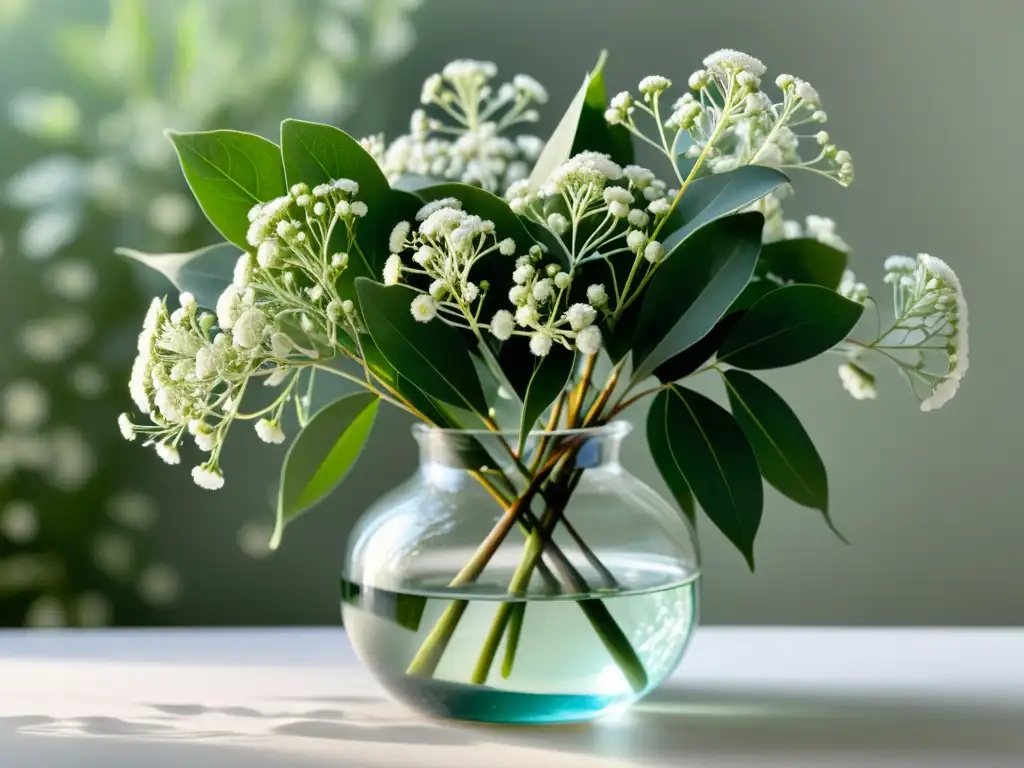 Una elegante decoración con hojas y flores en un jarrón de vidrio, iluminado con suavidad, creando sombras intrincadas