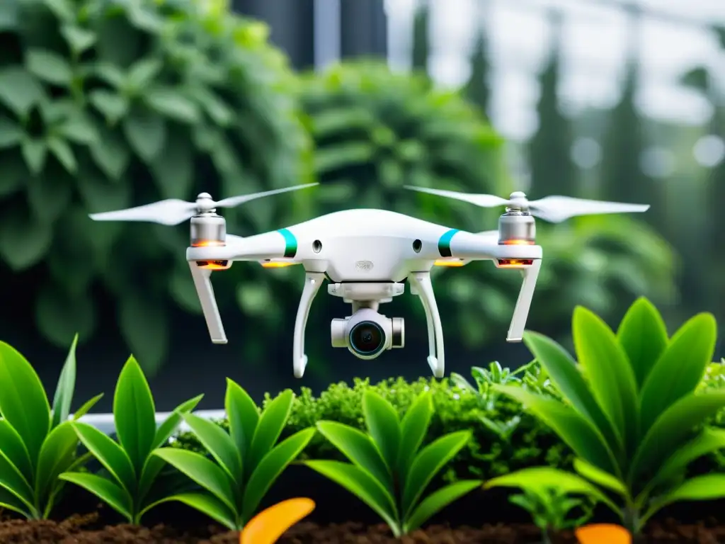 Un elegante drone blanco realiza un preciso escaneo de plantas verdes en macetas