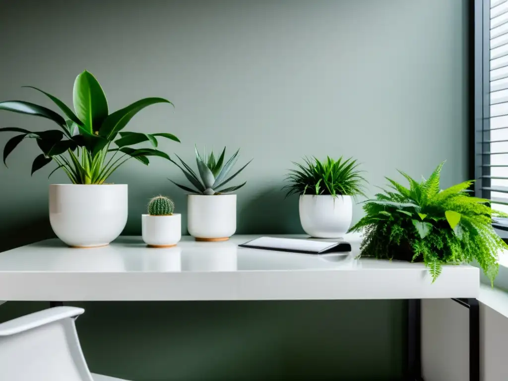 Un elegante escritorio de oficina con plantas de interior en macetas blancas, creando un espacio sereno y productivo