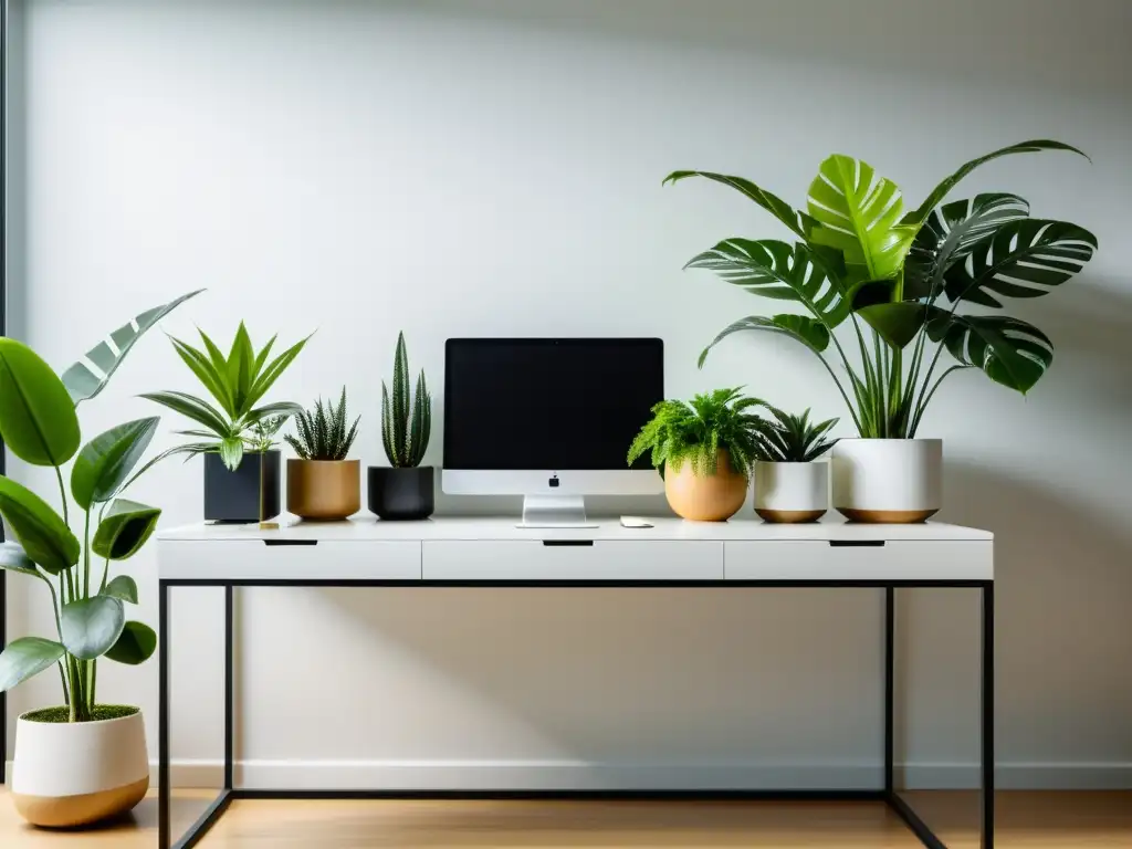 Un elegante escritorio de oficina con plantas de interior para oficinas, bañado en luz natural, creando un ambiente armonioso y sereno