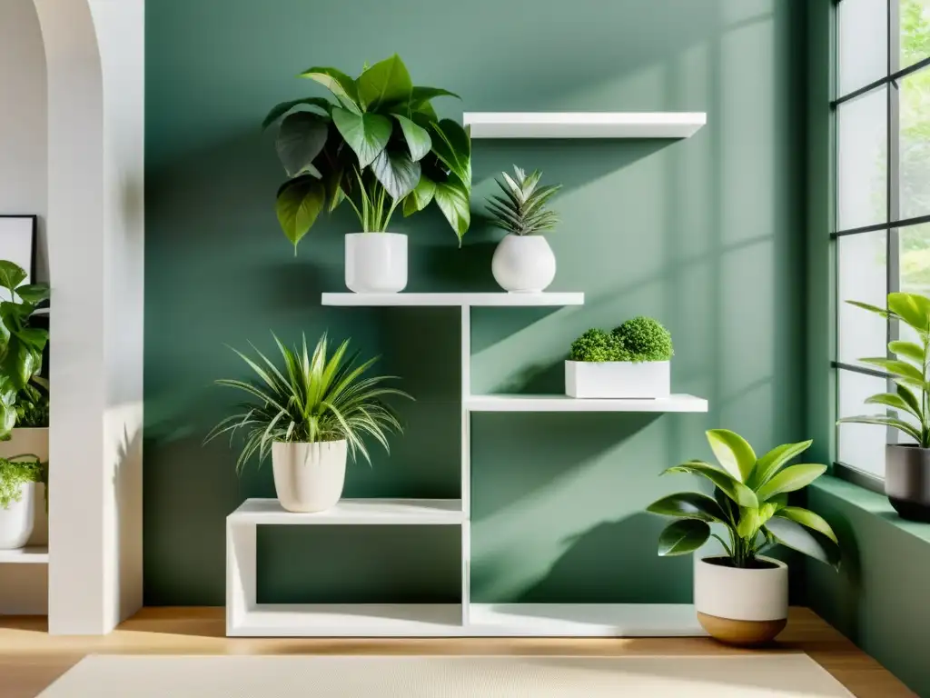 Una elegante exhibición de estantes modulares para plantas de interior blancos, con variedad de plantas verdes, en una habitación iluminada por el sol