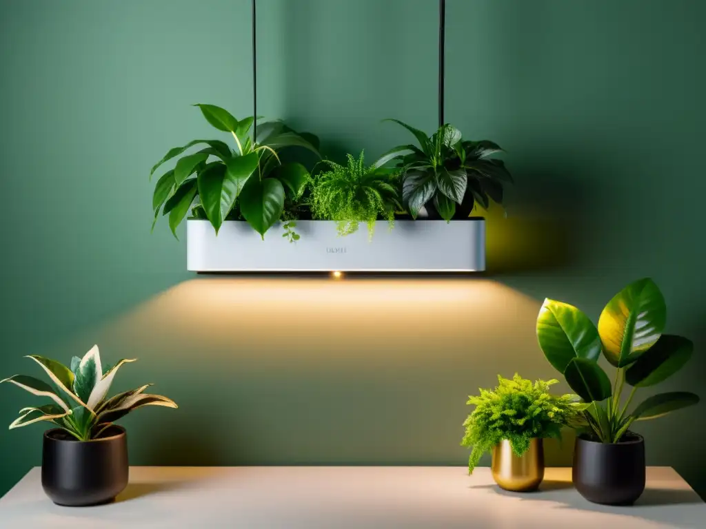 Una elegante iluminación para plantas de interior destaca un arreglo exuberante de plantas bajo una cálida luz LED