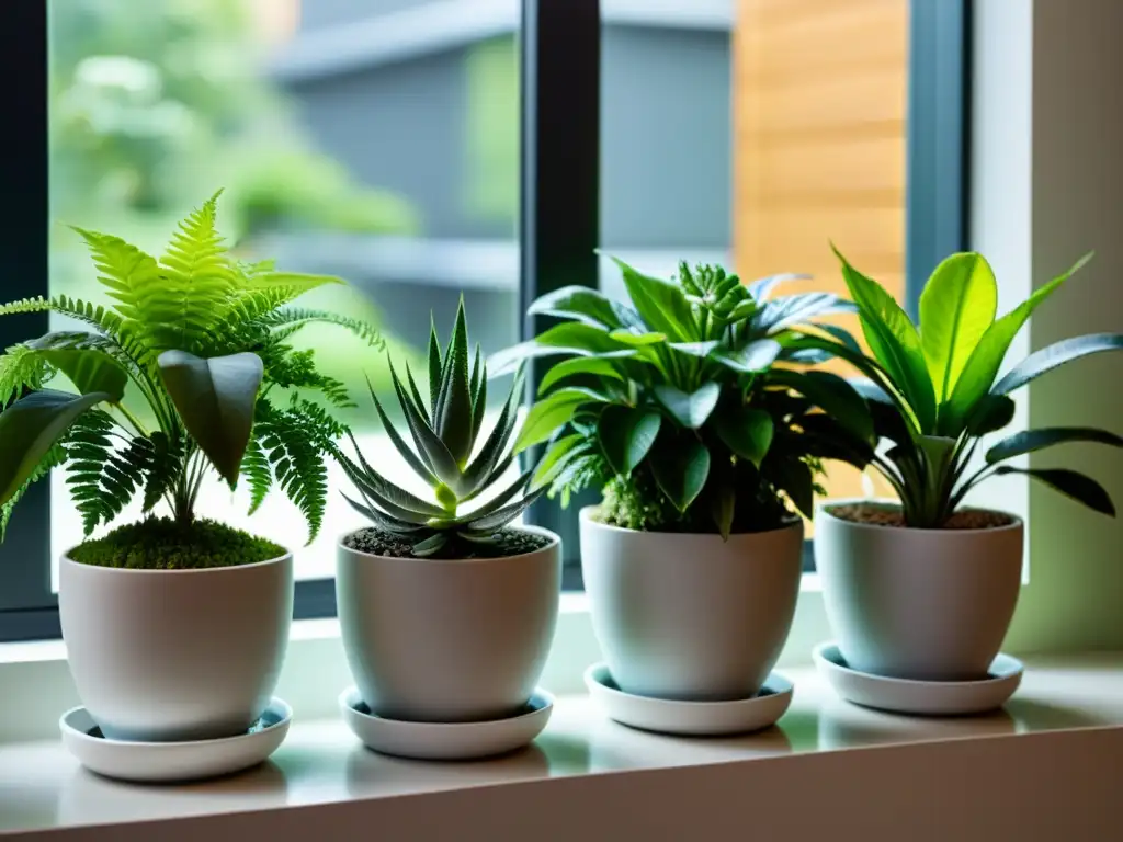 Un elegante jardín interior en espacios pequeños con plantas cuidadosamente dispuestas en macetas chic sobre un alféizar de ventana moderno