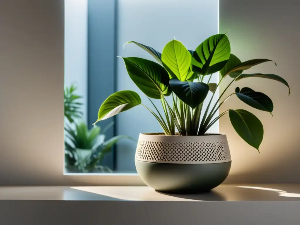 Un elegante jarrón de interior con plantas de clima frío para interiores en un ambiente sereno y minimalista con tonos neutros