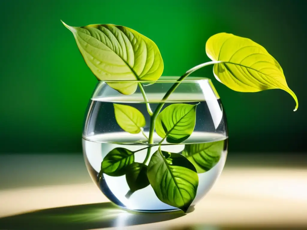 Un elegante jarrón de vidrio con agua transparente y una planta de pothos verde vibrante sumergida