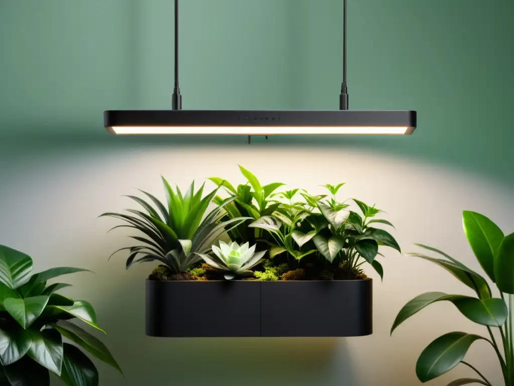 Una elegante lámpara LED para el crecimiento de plantas en interiores ilumina un exuberante jardín interior, creando un ambiente sereno y acogedor