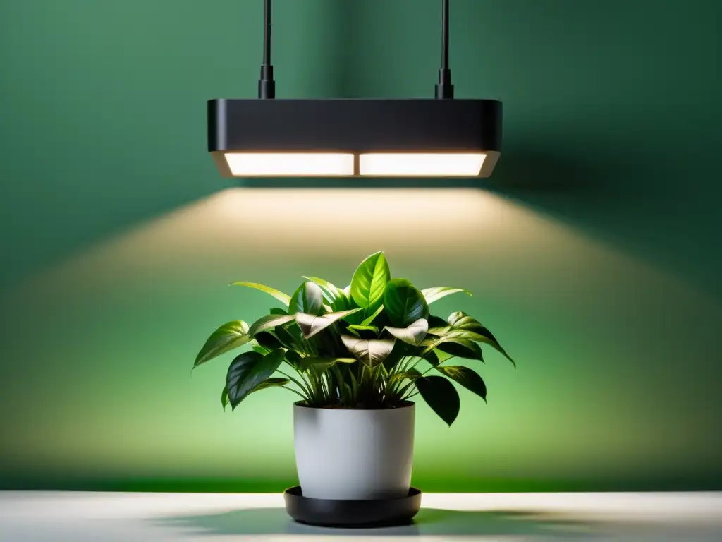 Una elegante lámpara LED para el crecimiento de plantas ilumina una exuberante planta de interior, transmitiendo sofisticación y eficiencia