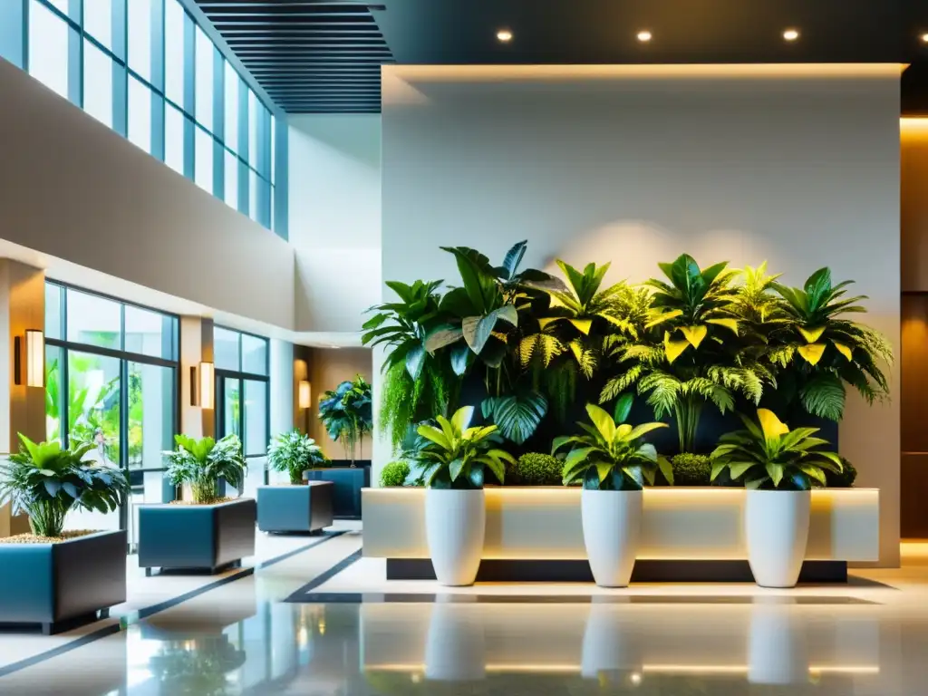 Un elegante lobby de hotel con plantas de interior para diseño, creando un ambiente sereno e invitador