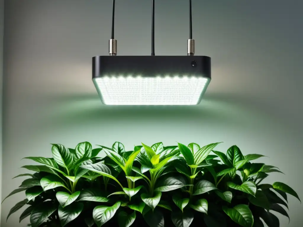 Una elegante luz LED suspendida sobre una exuberante planta de interior