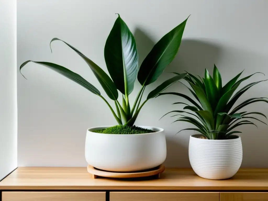 Maceta de cerámica blanca con planta de serpiente verde vibrante Una elegante maceta blanca de cerámica con una planta de serpiente verde exuberante en un soporte de madera, creando un contraste y una elegancia sutil
