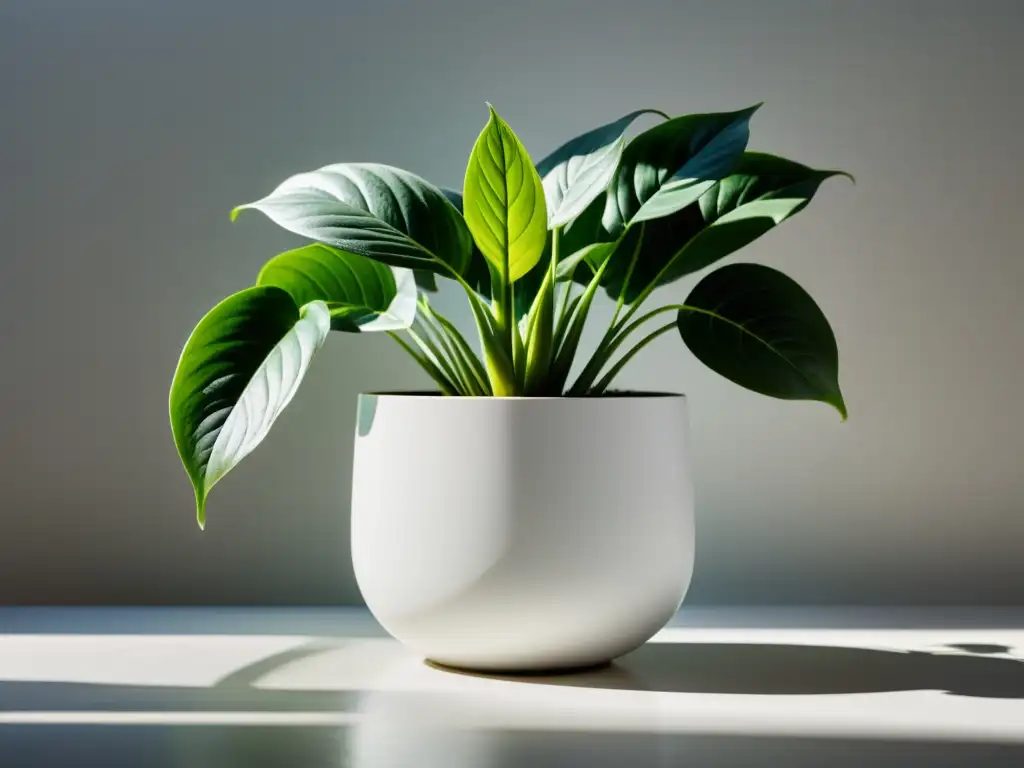 Una elegante maceta blanca con una exuberante planta verde